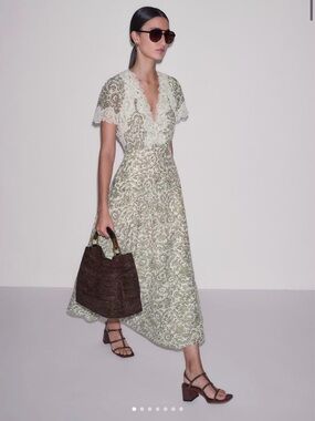 ME+EM Silk Cotton Entangled Lace Print Maxi V Neck Dress